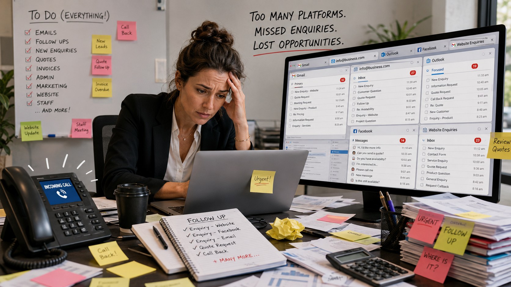Business owner managing an incoming call, website, email and social enquiries across separate tools and handwritten follow-up notes.
